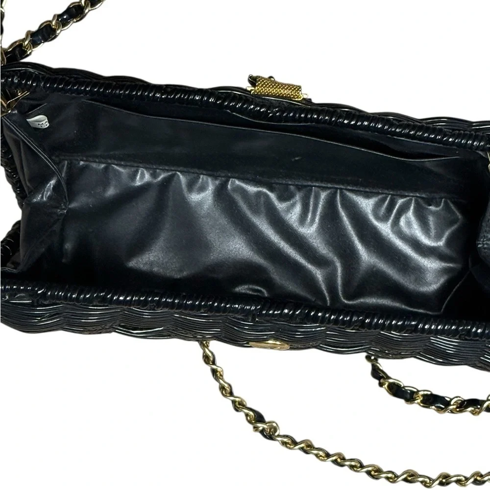 Vintage Black Woven Chain Strap Evening Purse Gold Hardware Clutch Crossbody